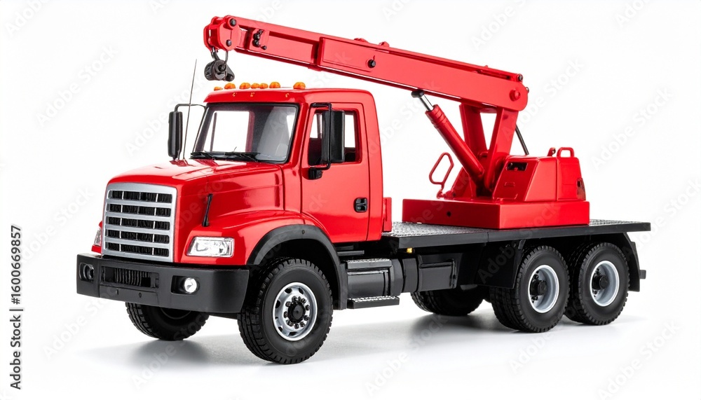 Fototapeta premium A vibrant red crane truck model stands poised, evoking themes of miniature strength, precision, and playful industrial might.