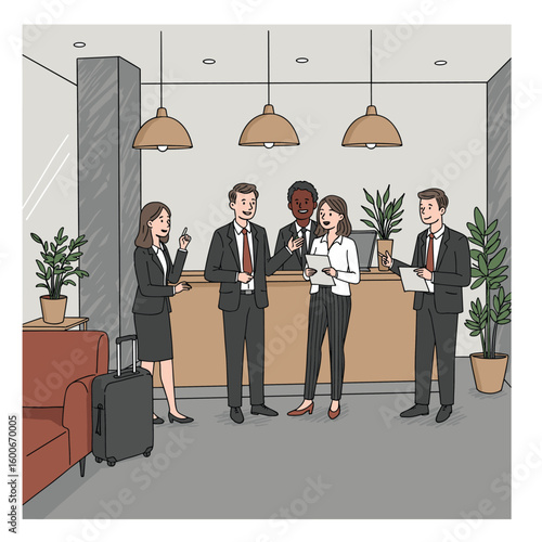 business people discussing during meeting in hotel lobby
