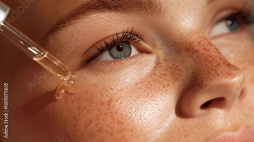 Close-Up of Woman Applying Facial Serum to Freckled Skin, Natural Skincare Routine in 4K Beauty Macro
