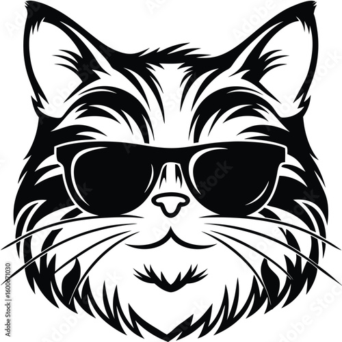 Stylized feline face in black and white wears sunglasses for a cool, fashionable look