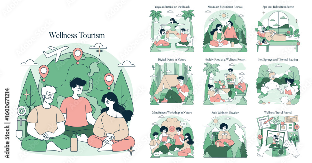 Fototapeta premium Wellness Tourism Activities Vector Illustration Set