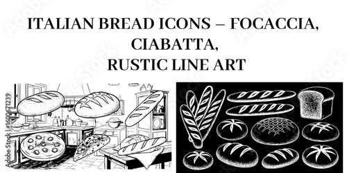 Italian Bread Icons – Focaccia, Ciabatta, Rustic Line Art