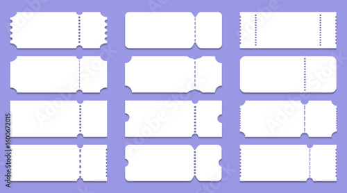 Blank ticket templates on purple background. Realistic white mockup for concert, cinema, event, coupon, raffle, boarding pass.