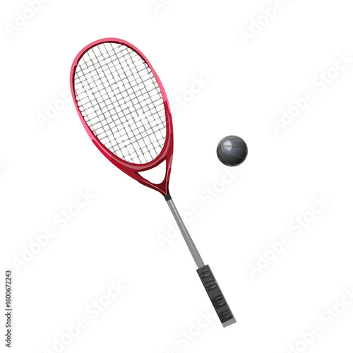 squash red color racket and black rubber ball , sports illustration
