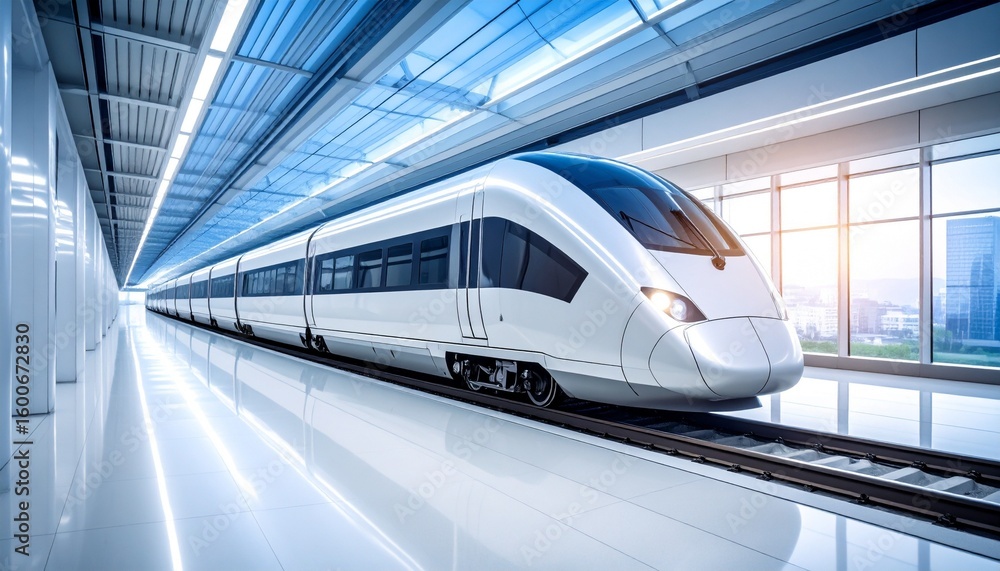 Fototapeta premium A futuristic white train glides through a luminous station, echoing velocity, precision, and the elegance of technological progress.