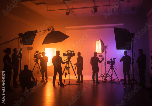 A group of filmmakers and crew members working with cameras and colorful lights in a professional studio setting.