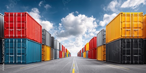 Industrial Perspective: Stacked Shipping Containers on Urban Street with Copy Space, Industrial Architecture Scene with Leading Lines