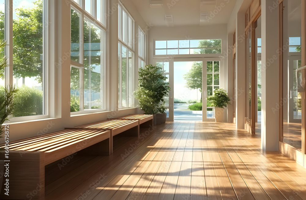 Obraz premium Bright and airy hallway with wooden benches and large windows, creating a serene atmosphere filled with natural light and greenery.