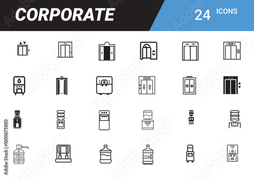 Corporate Icon Collection: A comprehensive set of 24 black and white icons, meticulously crafted to represent essential elements of a corporate environment. Includes elevator, water cooler, dispenser.