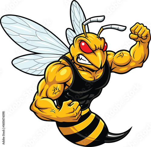 Strong cartoon wasp mascot flexing muscles, angry face, muscular insect character, powerful bee, vector illustration, fierce pose, athletic design
