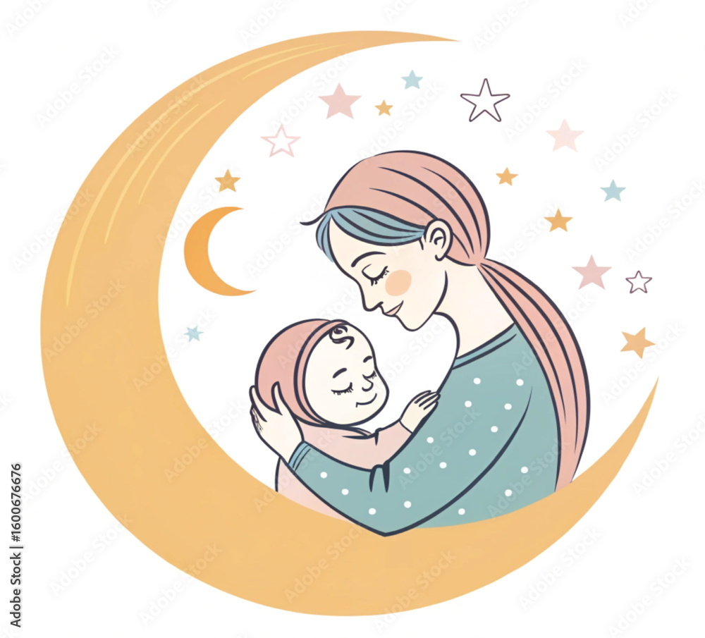 Obraz premium Moonlit Embrace: A tender illustration of a mother lovingly cradling her baby under the gentle glow of a crescent moon, evoking the serene bond of motherhood amidst a starry night sky.