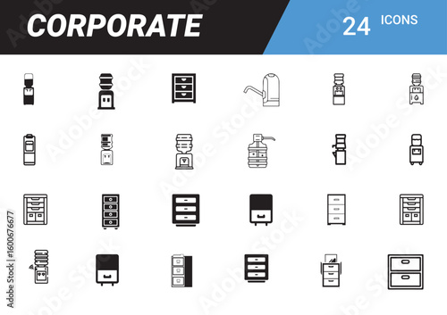 Corporate Icons: A comprehensive set of graphic icons representing various aspects of a corporate environment, suitable for diverse design applications.