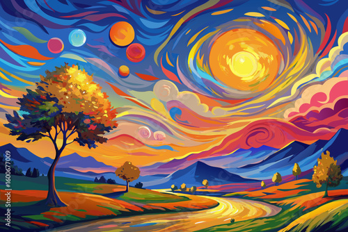 Vibrant impressionist landscape with swirling sky and golden tree