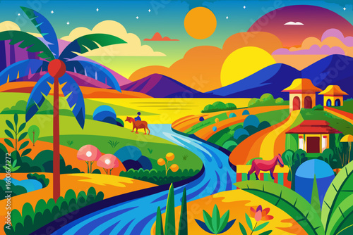 Vibrant tropical landscape with horse riders and houses at sunset