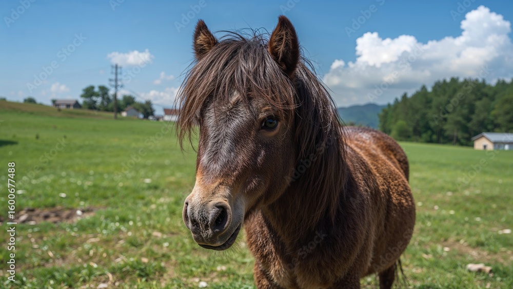 Fototapeta premium Tiny horse grazing on elevated farmland
