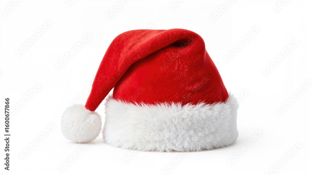 Red Santa Claus hat with white fur trim isolated on a bright white background for holiday and festive themed designs Red Santa Claus hat with white fur trim isolated on a bright white background for holiday and festive themed designs
