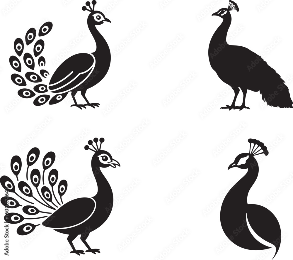 Fototapeta premium Peacock Silhouette Icon, Spread Feather Elegant Bird Vector Set, graceful Peacock Silhouette illustration set, solid black Peacock art, logotype Peacock icon, symbol of Peacock set on white background