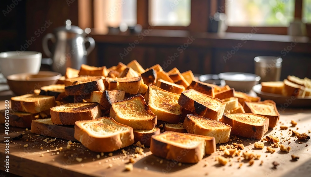 Fototapeta premium Toasted bread slices piled high on a table