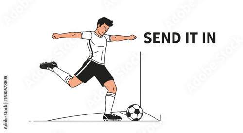 Dynamic illustration of a male soccer player executing a powerful corner kick, an athletic action vector for sports design