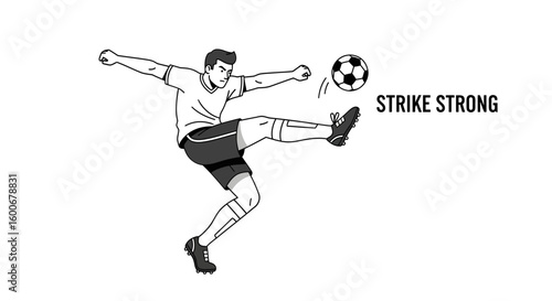 Dynamic illustration of a male soccer player executing a powerful direct shot, an athletic action vector for sports design