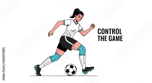 Animated illustration of a female soccer player performing a skillful dribble, athletic action vector for sports design