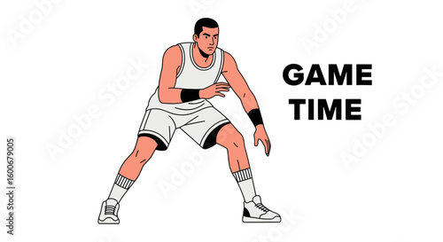 Illustration of a stylish male basketball player in a white uniform maintaining a defensive position to win the ball.