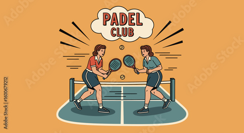 A vintage illustration of two women engaged in a friendly Padel Club match on a court.