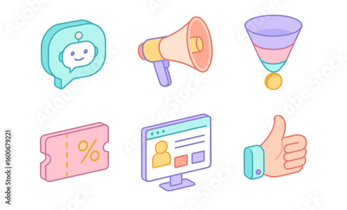 Pastel isometric icons for marketing and social media engagement