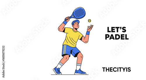 Let's play Padel tennis match stylized illustration of a man about to serve