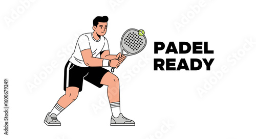 Vector illustration of a male athlete in a ready stance, playing a competitive game of padel with a racket on a white background.