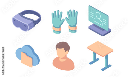 Isometric tech objects: vr headset, gloves, screen, cloud storage, profile, desk