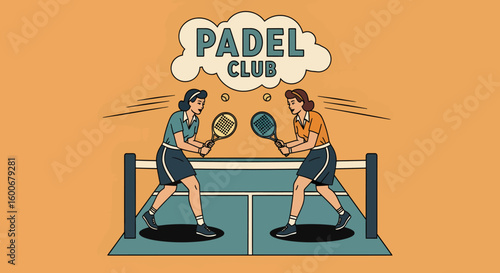 A vintage illustration of two women engaged in a friendly Padel Club match on a court.