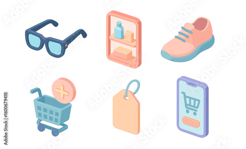 Isometric icons of shopping essentials with sunglasses and sneakers