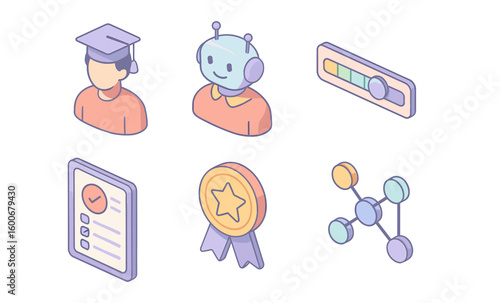 Isometric educational and robotics icons in pastel colors for modern design