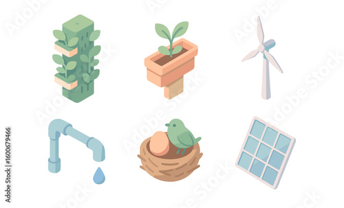 Sustainable energy and nature icons in isometric eco design