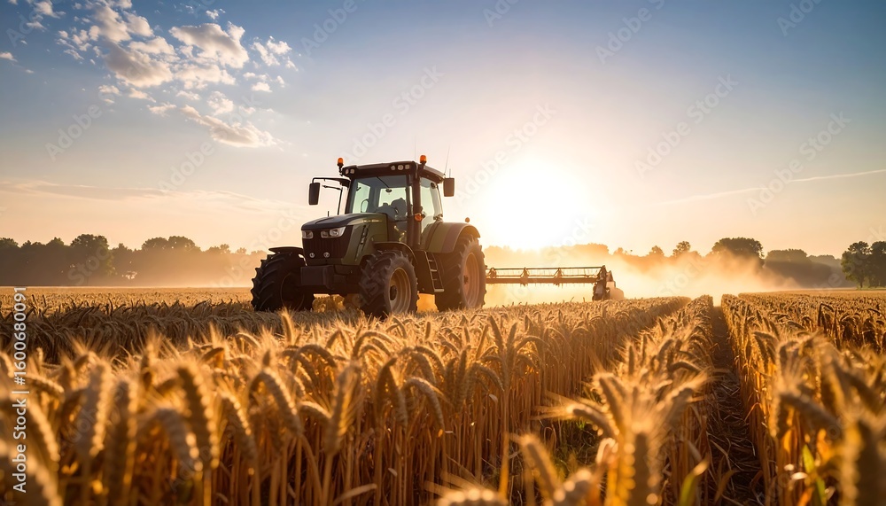 Fototapeta premium Tractor working golden wheat field at sunrise