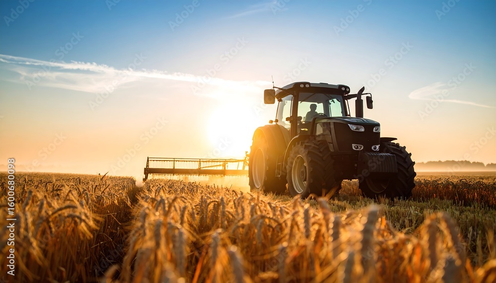 Obraz premium Tractor working golden field at sunrise