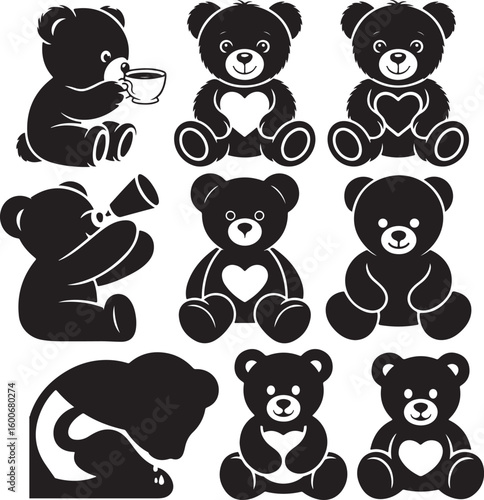  Cute Black and White Teddy Bear Illustrations with Hearts
