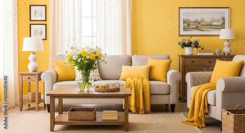 Cozy Living Room with Mustard Yellow Accents

