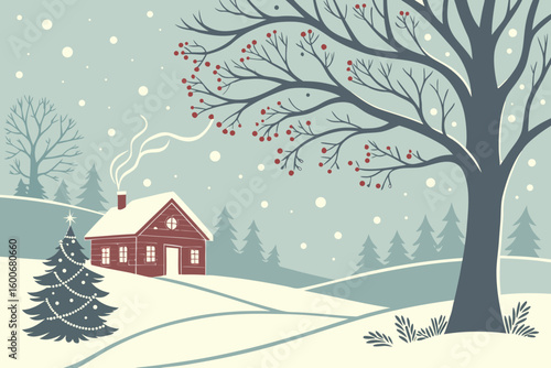 Cozy winter cabin scene with a decorated Christmas tree and smoke rising from the chimney creating a warm, inviting holiday atmosphere amidst falling snow and bare trees.