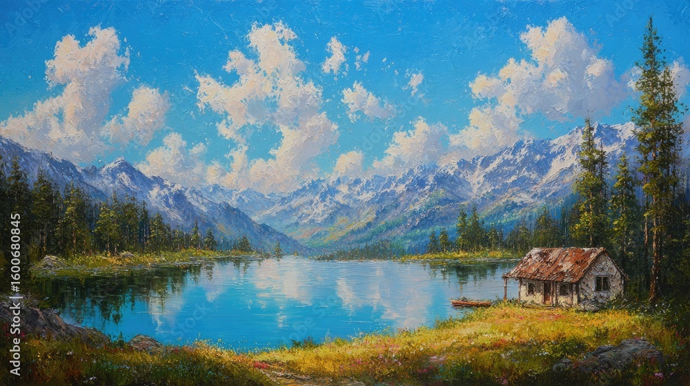 Fototapeta premium Colorful Alpine Lake Landscape With Cabin