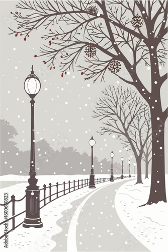 Charming winter park scene with vintage lampposts, snow-dusted trees bearing festive ornaments, and a winding path inviting a peaceful stroll