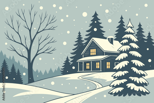 Cozy winter cabin nestled among snow-covered pines with a welcoming glow from illuminated windows, evoking a sense of peaceful solitude and holiday cheer amidst falling snowflakes.