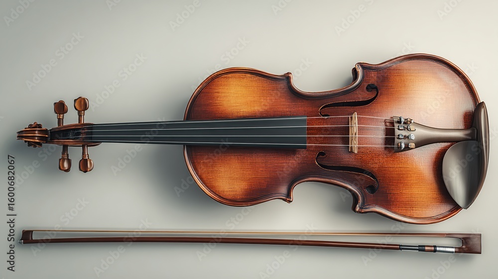 Fototapeta premium Overhead view of a polished, dark-brown violin and its bow, lying on a light-grey surface. The violin's details are sharply visible, and the bow rests parallel