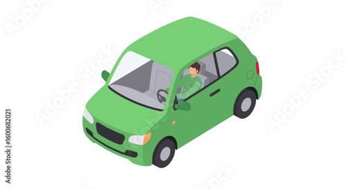 Isometric urban car with driver in minimalist green design