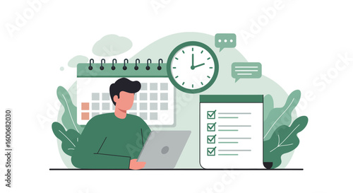 Time management concept with calendar, clock, and checklist elements