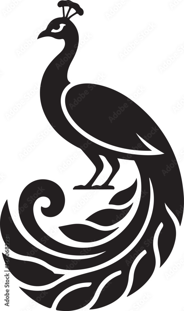 Obraz premium Peacock Silhouette Icon, Spread Feather Elegant Bird Vector, logotype Peacock art, Peacock black eps editable vector icon, black and white Peacock illustration on white background.
