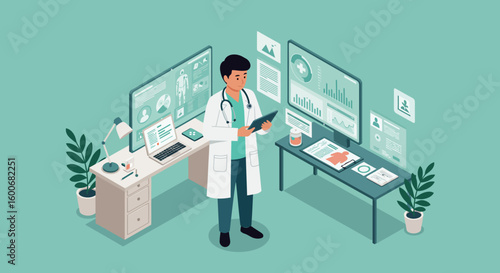 Doctor analyzing patient data in modern medical office with digital ch