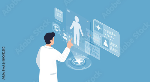 Futuristic medical interface with doctor interacting with holographic