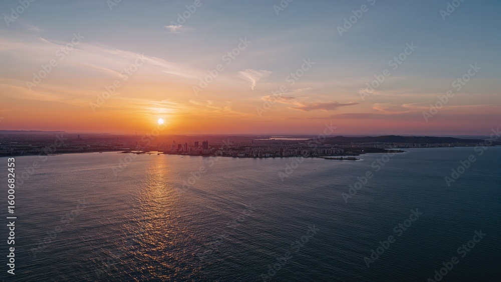 Fototapeta premium Dawn and dusk over a tranquil urban skyline